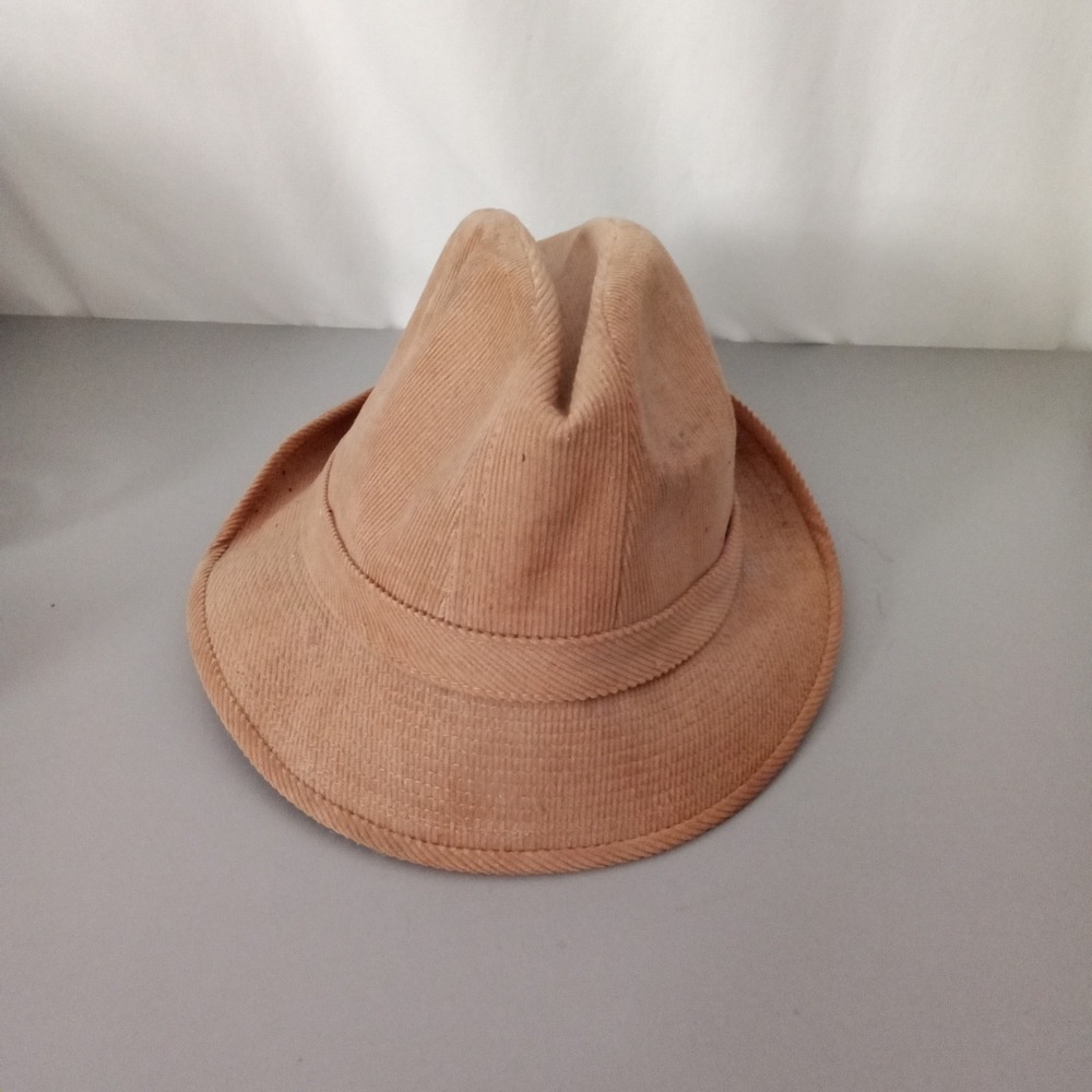 Vintage Stetson Tan Corduroy Fedora Hat Size 7 1/8 Gold Buckle Detail